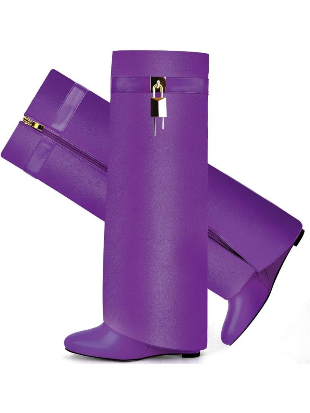 Women's Purple Pointy Pull On Wedge Heel Knee Shark Side Zipper Fold Over Boot